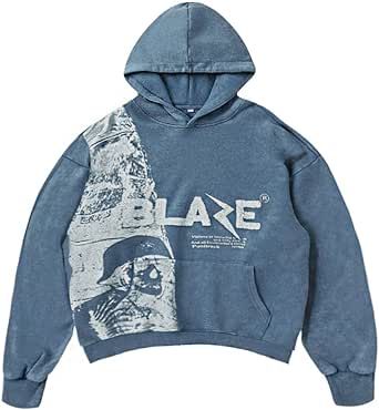 Denim Grunge Hoodie Streetwear Clothes Casual Oversize Blaze Print Pattern Skull Hoodie Unisex 2023AW Vintage Hoodies Aesthetic, Grunge Hoodies, Grunge Hoodie, Y2k Long Sleeve, Grunge Fashion Soft, Hoodie Streetwear, Streetwear Clothes, Skull Hoodie, Clothes Casual