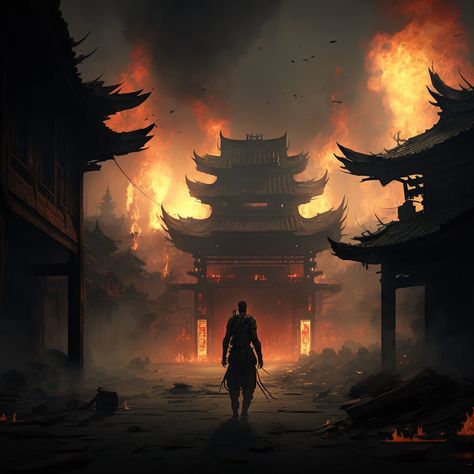 Fantasy Burning City, Chinese Demon Art, Chinese Mythology Aesthetic, Chinese Fantasy Aesthetic, Tom Tattoo, Chinese Demon, Avatar Drawing, Crimson Flower, Ninja Design