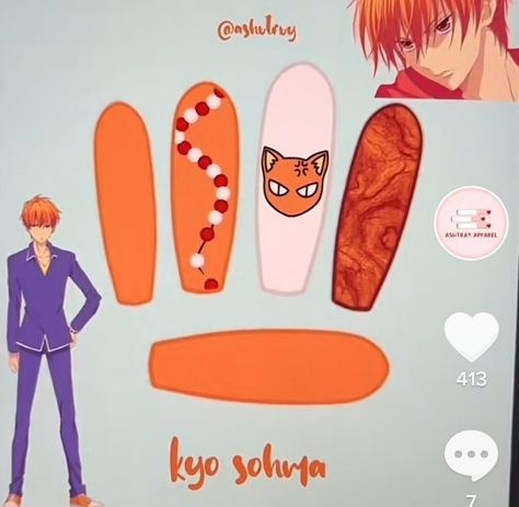 Fruits Basket Inspired Nails, Fruits Basket Nail Art, Fruit Basket Nails, Fruits Basket Nails, Genshin Inspired Nails, Anime Inspired Nails, Naruto Nails, Anime Nail, Disney Acrylic Nails