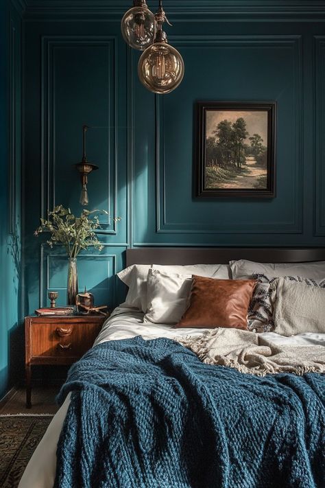 Teal Bedroom Paint, Teal Bookshelves, Dark Teal Bedroom Ideas, Teal Bedroom Designs, Dark Teal Bedroom, Jewel Tone Bedroom, Teal Bedroom Ideas, Teal Bedroom Decor, Bedroom Teal