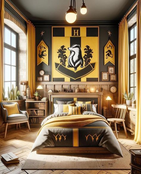 Hufflepuff Inspired Bedroom, Hufflepuff Bedroom Ideas, Harry Potter Interior Design, Hufflepuff Bedroom, Harry Potter Rooms, Hufflepuff Room, Hufflepuff Common Room, Goth Houses, Harry Potter Bedroom