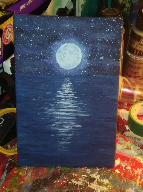 Midnight Moon over water acrylic painting. #acrylicpainting #moonpainting #oceanpainting Water Painting Aesthetic Easy, Painting Ideas For Acrylic Paint, Midnight Acrylic Painting, Midnight Canvas Painting, Moon And Water Painting, Moon On Water Painting, Moonlight On Water Painting, Paint Inspo Easy Acrylic Abstract, Moonlight Painting Acrylics