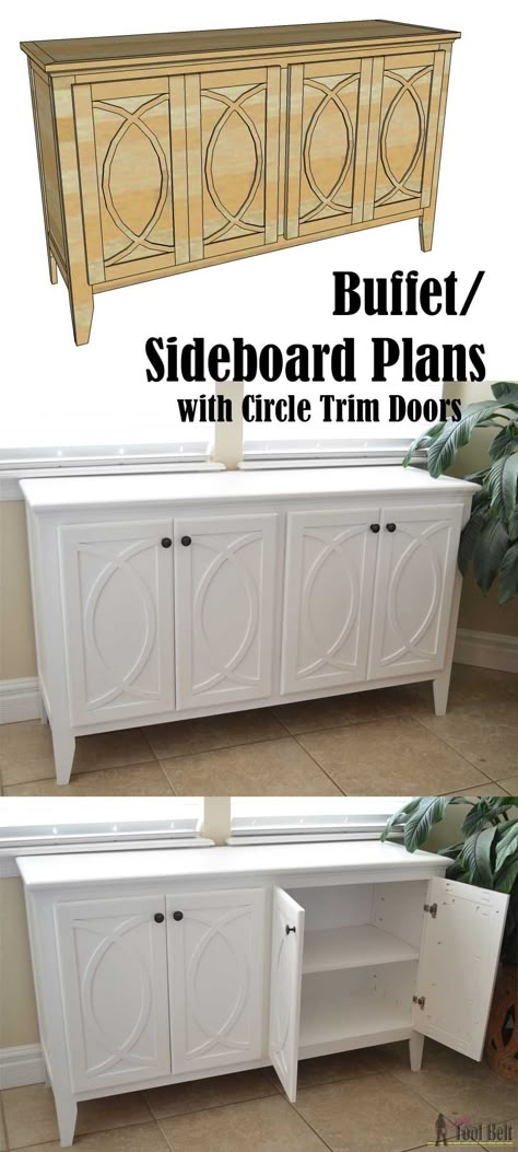 DIY Buffet or Sideboard with circle trim doors. This buffet cabinet boasts plenty of dining/kitchen supply storage. Free building plans. Diy Buffet, Diy Sideboard, Free Building Plans, Kitchen Supply, Buffet Cabinet, Wood Plans, Dining Kitchen, Sideboard Furniture, Woodworking Furniture