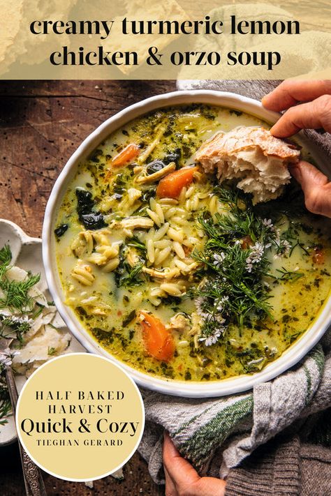 'Tis the season for comfort food cooking. This Creamy Turmeric Lemon Chicken & Orzo Soup is guaranteed to warm your soul. You'll find it and 120+ delicious, comfort food recipes—that take no time at all—in HALF BAKED HARVEST: QUICK & COZY, from the # 1 New York Times bestselling author of Half Baked Harvest Every Day. Half Baked Harvest Lemon Orzo Chicken, Half Baked Harvest Chicken Orzo, Half Baked Harvest Quick And Cozy, Chicken Soup Orzo Recipes, Lemon Tumeric Chicken Soup, Half Baked Harvest Vegetable Soup, Half Baked Harvest Salsa Verde Soup, Half Baked Harvest Chicken Soup, Chicken Turmeric Soup