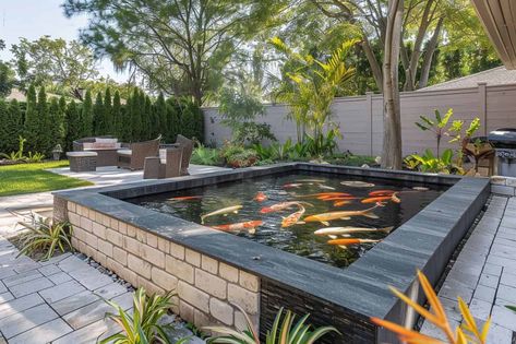 Discover stunning raised koi pond designs that bring tranquility and beauty to your garden. Our guide explores innovative ideas and tips for creating the perfect elevated oasis. Covered Koi Pond, Coy Pond Inside House, Koi Pond With Stream, Koi Pond Inside House, Raised Koi Pond Ideas, Koi Pond Landscaping Ideas, Raised Fish Pond, Raised Pond Ideas, Raised Koi Pond