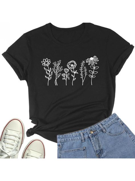 Flower Graphic T-Shirt For Women Cute Floral Printed Shirt Tops Black Casual,Cute  Short Sleeve Knitted Fabric Graphic,Letter,Plants  Medium Stretch All Women Clothing, size features are:Bust: ,Length: ,Sleeve Length: Flower Graphic, Fabric Floral, Tops Black, Elegant Party, Cute Shorts, T Shirt For Women, Shirt For Women, Casual Party, Floral Printed