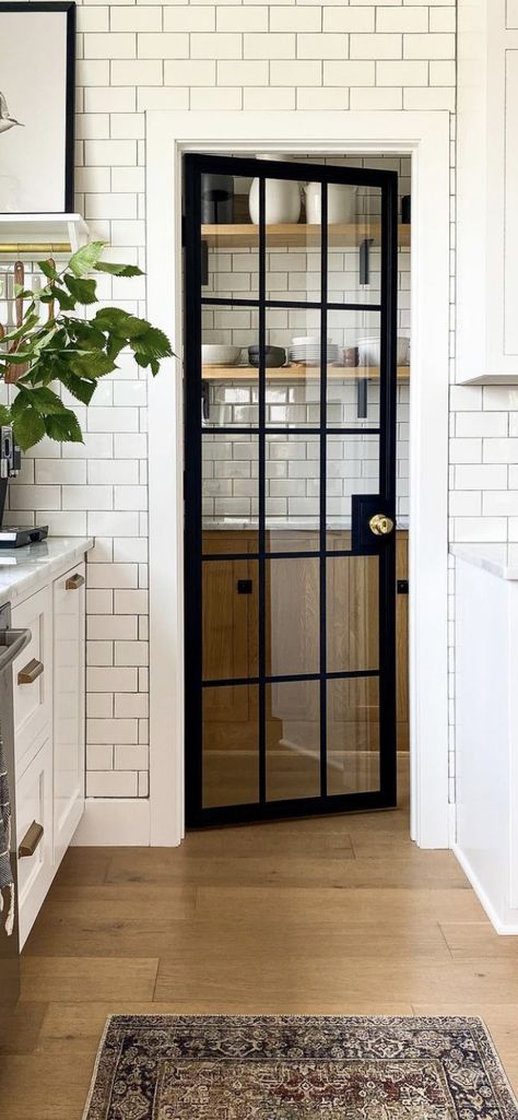 Home Depot Pantry Door, Walk Through Pantry Mudroom, Black Refrigerator Kitchen Farmhouse, French Pantry Door Ideas, Wood And Glass Pantry Door, Black Metal Pantry Door, Laundry Room Glass Door, Glass Pantry Door Ideas Modern, Black And Glass Pantry Door