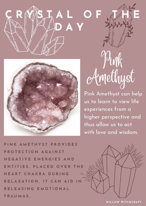 Willow Witchcraft Pink Amethyst Crystal Meaning, Geode Crystals Meaning, Pink Amethyst Meaning, Pink Amethyst Crystal, Earth Gift, Crystal Aesthetic, Crystal Guide, Crystals Healing Properties, Spiritual Crystals