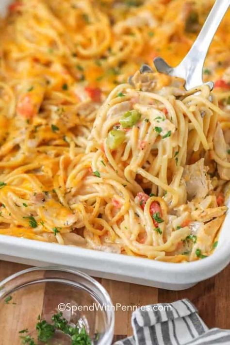 This easy cheesy Chicken Spaghetti casserole is made with shredded chicken, cheese, and spaghetti all in a homemade cheese sauce! Serve with some garlic bread and a side salad for the perfect meal. #chickenspaghetti #casserole #maindish #spendwithpennies Shredded Chicken And Pasta, Easy Cheesy Chicken Spaghetti, Cheesy Chicken Spaghetti Casserole, Casserole With Chicken, Easy Cheesy Chicken, Chicken Spaghetti Casserole, Cheesy Chicken Spaghetti, Homemade Cheese Sauce, Spaghetti Casserole