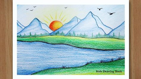 Mountain Drawing With Color, Landscape Ideas Drawing Coloring, Nature Drawing With Color, Easy Drawings With Color, Color Pencil Drawing Easy Step By Step, How To Draw Scenery, Mountain Drawing Color, Drawing With Colored Pencils Easy, Color Pencil Sketches Easy