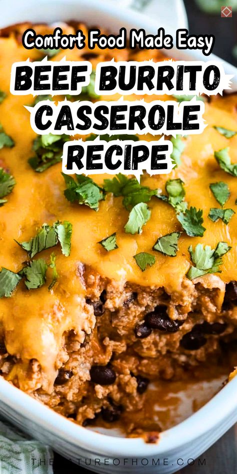 This beef burrito casserole is perfect for those nights when you need a quick, hearty meal! Easy to make and packed with Mexican-inspired flavors, it’s a one-pan dinner solution everyone will love. Save for later or click to explore the full recipe now! Mexicorn Casserole Recipe, Frito Casserole Beef, Beef Burrito Casserole, Mexican Casserole With Beef, Burrito Casserole Recipe, Burrito Bake, Beef Burritos, Beef Burrito, Easy Mexican Casserole