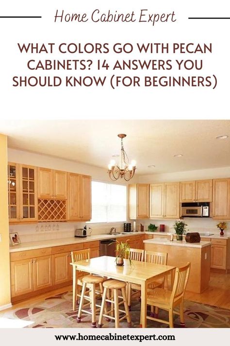 Pecan cabinets work best with the colours beige, green, and grey paint. White, grey, black, and gold-colored countertops will look stunning. Together with grey, brown, or green walls, use a white or beige backsplash. Use brushed nickel hardware, black appliances, maple and walnut flooring, or beige tiles. Pecan Cabinets, Walnut Flooring, Beige Backsplash, Matching Colours, Pecan Wood, Black Appliances, Beige Tile, Best Paint Colors, Cabinet Colors