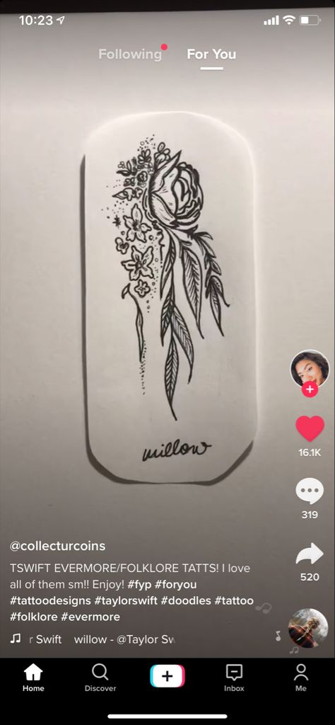 Taylor Swift Willow Tattoo, Taylor Swift Flower Tattoo, Taylor Swift Willow, Willow Tattoo, Taylor Swift Tattoo, Apple Magic Mouse, Tattoos And Piercings, Flower Tattoo, Tatting