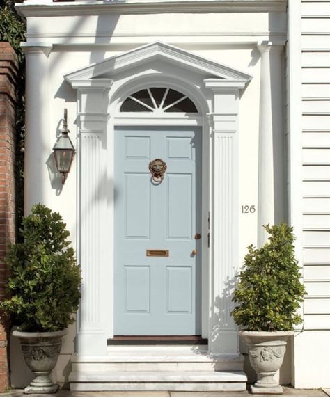 Benjamin Moore’s  Smoke Wythe Blue Cabinets, Wythe Blue Front Door, Sage Green Paint Color, Wythe Blue, Exterior Door Colors, Palladian Blue, Exterior Paint Ideas, Green Shutters, Green Front Doors