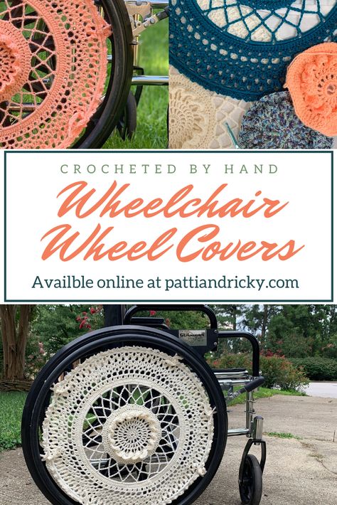 Handmade crochet wheelchair wheel covers. Availble at pattiandrickey.com Let your fashion sense shine!! Wheelchair Crochet Accessories, Decorate Wheelchair, Diy Wheelchair Accessories, Disabled Fashion Cane, Crochet Wheelchair Accessories, Wheelchair Decorations Ideas, Wheelchair Crochet, Wheelchair Decorations, Crochet Wheelchair