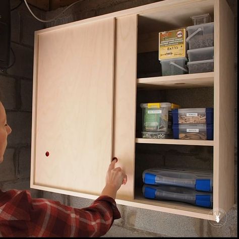 Marie | DIY Montreal’s Instagram profile post: “Here's a speedy recap of how I made this storage cabinet with sliding doors. ▶️ Video is up on my YouTube channel! 📕 Plans available at…” Chest Of Drawers With Sliding Doors, Sliding Storage Cabinet, Diy Sliding Door Cabinet, Diy Montreal, Cabinet With Sliding Doors, Sliding Cabinet Doors, Diy Sliding Door, Hanging Cabinet, Steel Cabinet