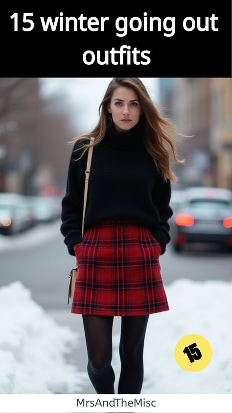 winter going out outfits Mini Skirt With Tights Outfit Winter, Knee Length Plaid Skirt Outfit, Plaid Skirt Outfit With Tights, Navy Plaid Skirt Outfit, Styling Plaid Skirt, Skirt With Tights Outfit Winter, Plaid Skirt Christmas Outfit, Plaid Skirt Winter Outfit, Red Tartan Skirt Outfit