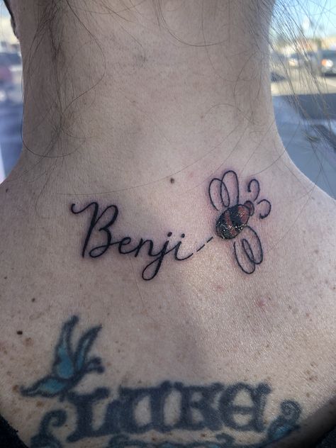 Benji my Bee - tribute to my beautiful boy Creative Name Tattoos, Bumblebee Tattoo, Bumble Bee Tattoo, Creative Names, Bee Tattoo, Human Heart, Name Tattoos, Creative Tattoos, Tattoo Inspo