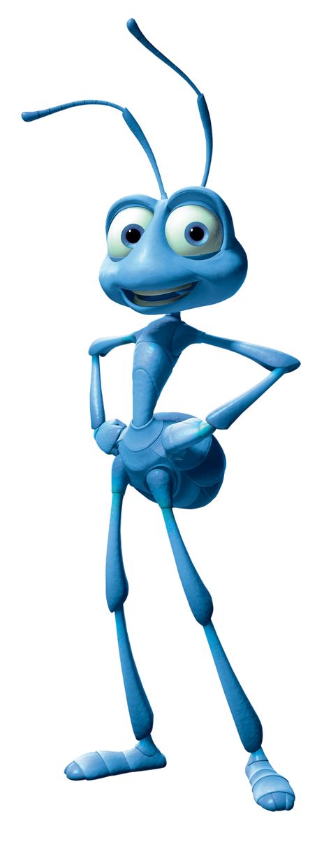 Flik is the protagonist of Disney/Pixar's 1998 film, A Bug's Life. Flik is a nerdy, inventive, and courageous ant who wants to make a difference to his colony's way of life, but has a tendency to make things worse in the process. His inventions include a telescope created by wrapping a blade of grass around a dew drop; an automatic harvester; several items of traveler's gear; and the bird-shaped aircraft used to terrify the grasshoppers. He is in love with Princess Atta and he is great... Ants Movie, Disney Clipart, Pixar Characters, A Bug's Life, Keys Art, Horror Music, Family Movies, Movie Genres, Western Movies