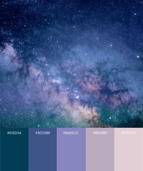 5 Out Of This World Color Palettes For Your Business – Katey Ruth Creative Galaxy Color Palette Hex Codes, Galaxy Colour Pallete, Party Colour Themes Color Palettes, Celestial Color Scheme, Stary Night Color Pallete, Midnight Sky Color Palette, September Color Scheme, Starry Color Palette, Milky Way Color Palette