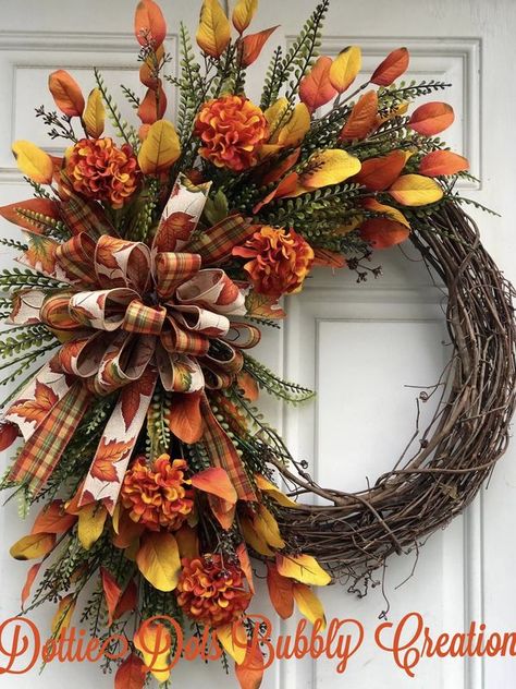 Dottie Dot's Bubbly Creations Decorative Wreaths, Fall Grapevine Wreaths, Grapevine Wreaths, Fall Decoration, Wheat Grass, Fall Leaf, Wreath Decor, Fall Wreaths, Grapevine Wreath