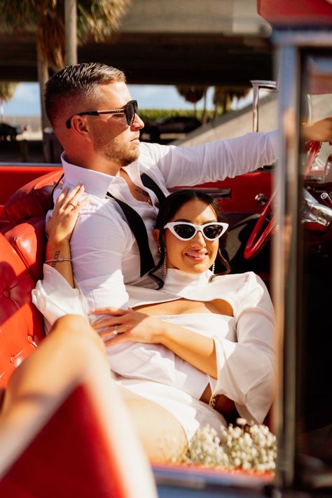 Lowrider Couple Photoshoot, Red Car Engagement Photos, Convertible Car Photoshoot Couple, Vintage Car Shoot Photography, Antique Car Photoshoot Couple, Engagement Car Photos, Sports Car Engagement Photos, Engagement Photoshoot Vintage Car, Engagement Photos With A Car