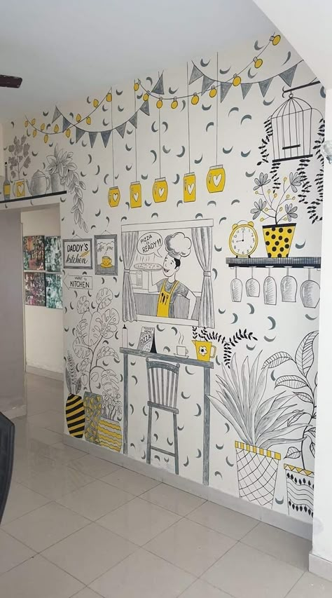 Paint Pen Wall Art, Wall Painting Ideas For Cafe, Cafe Wall Painting Ideas, Cafe Decor Ideas Wall Art, Wall Painting Ideas Cafe, Doodle Wall Painting, Cafe Wall Art Murals, Marker Wall Art, Wall Doodle Art