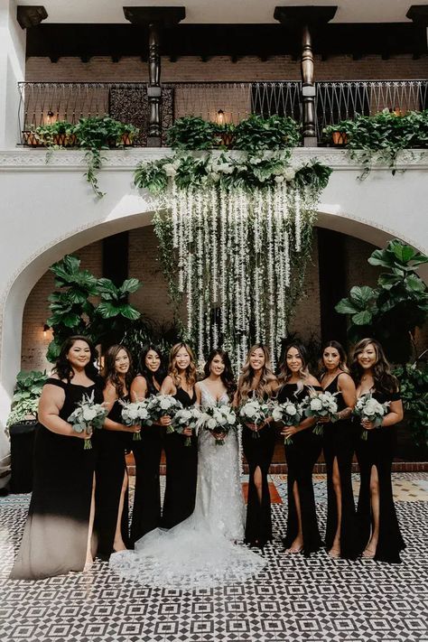 Monochrome Wedding Party, Bridesmaid In Black Dresses, Black Tie Old Money Wedding, Black Bridesmaid Dresses With Greenery, Wedding Color Schemes Black Tie, Bridesmaid Dresses In Black, Black Outdoor Wedding Decor, Black Bridesmaid Dress Wedding, Black Bridemaid Dress