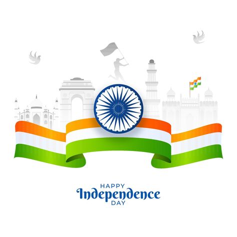 Happy Independence Day Poster Design with Ashoka Wheel, India Flag Ribbon and Indian Famous Monuments on White Background. Independence Day Png Background, Independence Day Banner Design, August 15 Independence Day Background, Festivals Illustration, Happy Independence Day Poster, Tamil Font, Chess Logo, Independence Day Card, Happy Independence Day Images