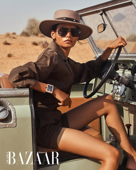 Richard Mille × Harper's Bazaar Arabia — DOMINIK HERMAN // retouching + post-production Safari Outfit Women, Jungle Outfit, Desert Outfit, Desert Nomad, Safari Outfit, Safari Outfits, Boots Cuir, Professional Editing, Vintage Safari