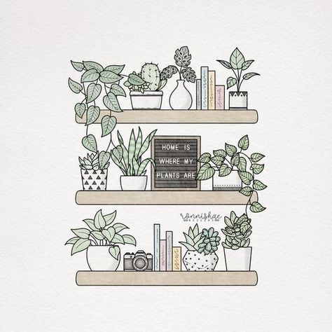 How To Doodle Plants, Books On Shelves Aesthetic, Books On Shelves Drawing, Cute Plant Drawings Simple, Plants On Shelf Drawing, Books And Plants Shelves, Plants In Pots Drawing, Easy Plant Sketches, Easy Plants Drawing