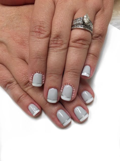 Grey With White Tip Nails, Gray Nails With White Tips, White And Grey French Nails, Grey Nails With White Tips, Grey Tip Nails French Manicures, Gray French Manicure, Gray French Nails, Grey French Manicure, Cool French Tip Nails