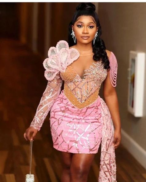 Short Lace Gown Styles For Weddings. - Gist94 Short Gown Lace Asoebi Styles, Short Lace Gown, Lace Short Gown Styles, Lace Asoebi, Materials Gown Style, Ankara Design, Aso Ebi Lace, Orange Lace Dress, Engagement Gowns