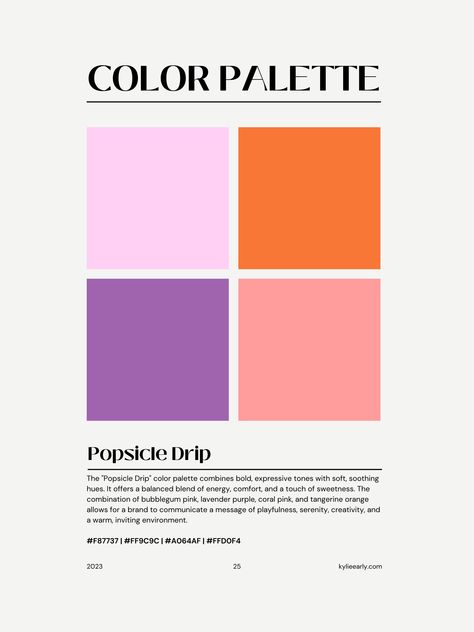 The "Popsicle Drip" color palette combines bold, expressive tones with soft, soothing hues. It offers a balanced blend of energy, comfort, and a touch of sweetness. The combination of bubblegum pink, lavender purple, coral pink, and tangerine orange allows for a brand to communicate a message of playfulness, serenity, creativity, and a warm, inviting environment. #F87737 | #FF9C9C | #A064AF | #FFD0F4 Orange Pink Purple Color Palette, Pink Orange Lilac Color Palette, Bubblegum Pink Color Palette, Purple Orange Branding, Pink Purple Orange Color Palette, Bright Pink Color Palette, Sweet Color Palette, Purple Orange Color Palette, Purple Branding