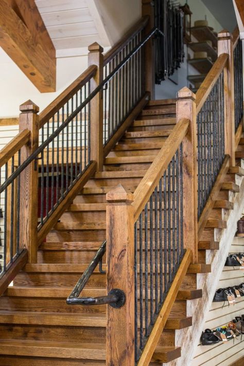 Brandywine Shoe Shop in Honey Brook | Period Architecture Ltd Log Cabin Makeover, Cabin Stairs, Comfy Cozy Home, Period Architecture, Rustic Staircase, Rustic Stairs, Timber Staircase, Entry Stairs, Railings Outdoor