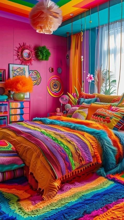 Colorful Rooms, Colorful Room Decor, Colorful House, Colorful Bedroom, Colourful Living Room Decor, Yoga Studio Design, Colorful Room, Boho Furniture, Dopamine Decor