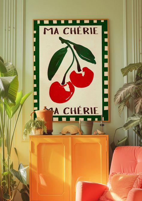 Cherry Poster, Retro Poster, Psychedelic Art, Kitchen Wall Decor, 70s Wall Art, Aesthetic Print, Eclectic Art, Vintage Decor, Maximalist Art Cherry Poster, Midcentury Wall Art, Trippy Posters, 70s Wall Art, Maximalist Art, Aesthetic Print, Wall Art Aesthetic, Funky Wall Art, Maximalist Decor