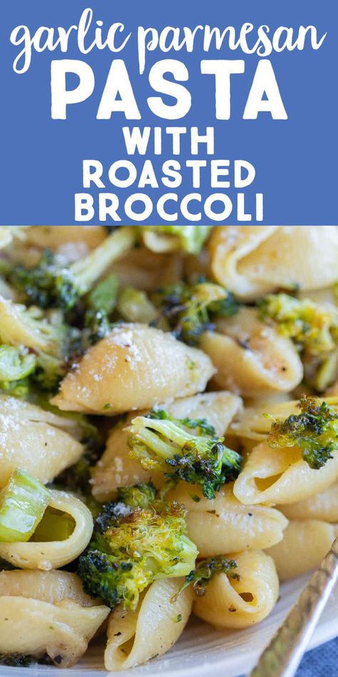 If your family eats a lot of pasta but needs a break from red sauce, this Garlic Parmesan Pasta with Roasted Broccoli is a delicious alternative!  The parmesan and broccoli add protein and the sauce is packed with flavor. It's ready in just about 30 minutes and is a great way to get your kids to eat broccoli! #vegetariandinner #pastarecipe #garlicparmesan #easyrecipe Pasta With Roasted Broccoli, Roasted Broccoli Pasta, Red Pasta Sauce, Vegetarian Pasta Recipes Easy, Roasted Garlic Pasta, Roasted Broccoli And Carrots, Garlic Parmesan Pasta, Red Pasta, Lemon Garlic Pasta