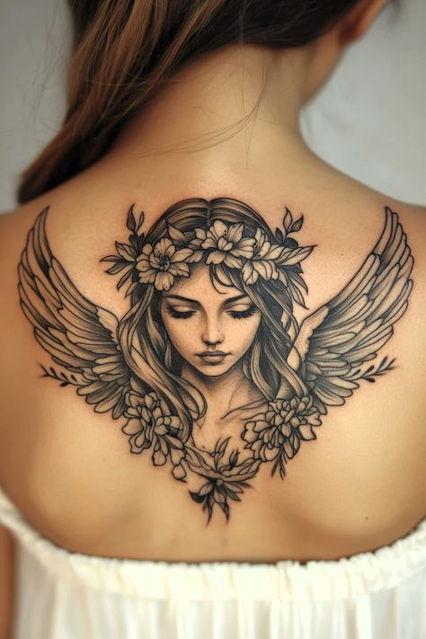 65 Heavenly Angel Tattoo Designs For Women That Will Take Your Breath Away – Refined Aesthetique Angel And Flowers Tattoo, Angel Tattoo Designs For Women Beautiful, Angel Tattoo Designs For Women, Elf Tattoo, Beautiful Angel Tattoos, Mama Tattoo, Chicano Style, Chicano Style Tattoo, Angel Tattoo Designs