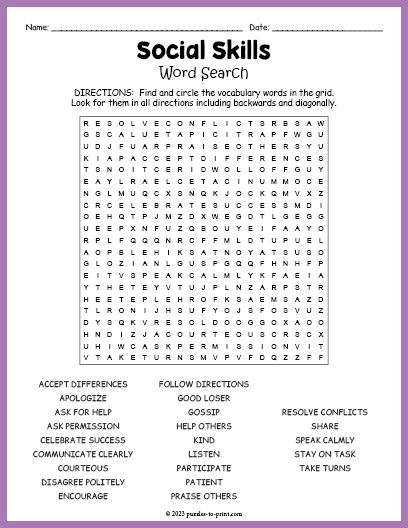 Middle School Word Search Free Printable, Middle School Social Work Activities, Social Emotional Learning Worksheets, Rbt Activities, Social Emotional Worksheets, Social Skills Middle School, Kindness Worksheets, Social Emotional Learning Middle School, Social Skills Activities For Kids