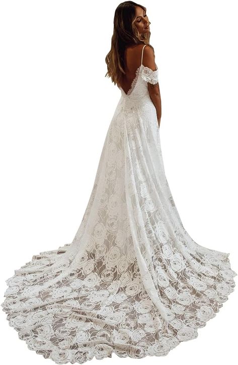 Sexy Backless Wedding Dresses Lace Evening Dresses Off The Shoulder Beachy Boho Bridal Gowns Ivory Size 8 at Amazon Women’s Clothing store Bohemian Wedding Gowns, Bride 2024, Dresses For Bride, Boho Bridal Dress, Backless Lace Wedding Dress, Beach Wedding Dresses, Dress With Train, Country Style Wedding, Evening Mini Dresses