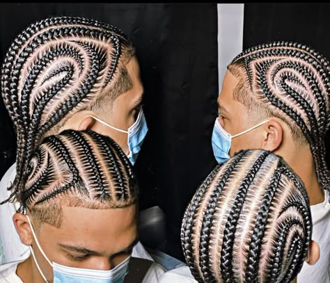 Men Freestyle Braids Hairstyles, Braided Back Hairstyles Men, 3 Cornrow Braids Men, Man Braiding Hairstyles, Designer Braids For Men, Mens Hairstyles Braids Men, Men Braid Design Ideas, Small Braids For Men, Braids With Designs For Men