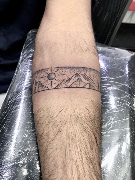 Mountain Arm Band Tattoo, Mountain Band Tattoo, Leg Band Tattoo, Japan Wave, Brand Tattoo, Leg Band Tattoos, Arm Wrap Tattoo, Mountain Tattoos, Armband Tattoos For Men