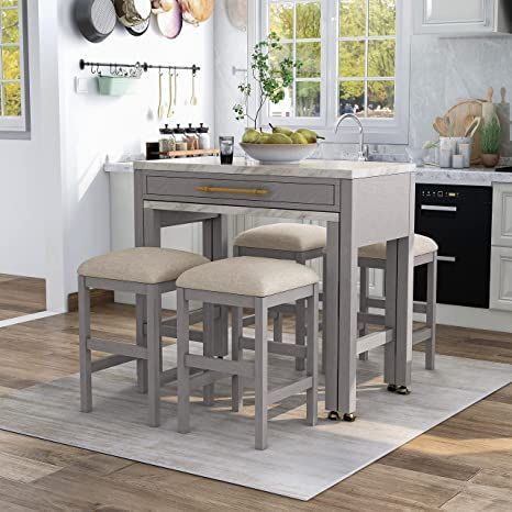 Grey 5-Piece Counter Height Table Set Off/White White Glam Transitional Rectangular Fabric Wood Finish Solid Storage Grey Dining Room Furniture, Counter Height Dining Table Set, Counter Height Table Sets, Grey Dining Room, Counter Height Dining Table, Grey Dining, Counter Height Table, Wood Counter, Functional Space