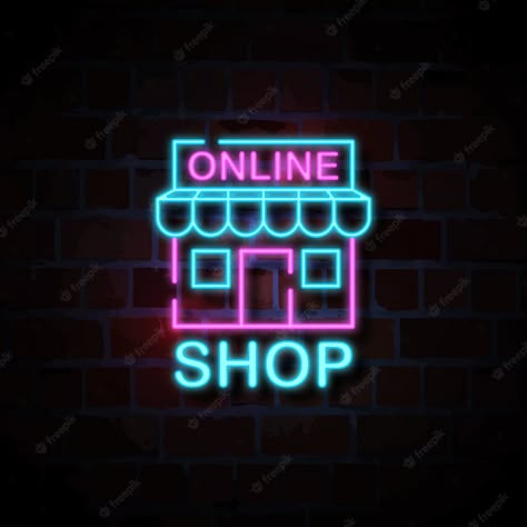 Online Shop Icon, Sign Illustration, Neon Style, Vector Online, Logo Creation, Shop Icon, Premium Vector, Online Shop, Neon