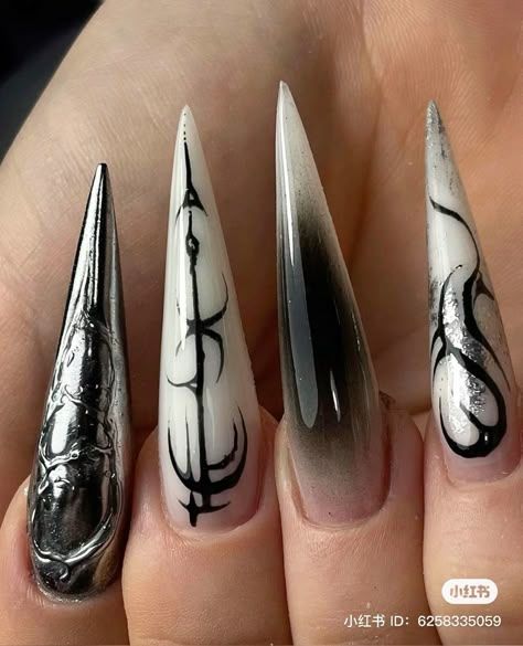 Emo Aesthetic Nails, Neotribal Nails, Sigil Nails, Gothic Acrylic Nail Designs, Skyrim Nails, Sleep Token Nails, Berserk Nails, Nail Art Designs Stiletto, Satanic Nails