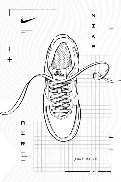 Nike Poster Design - Air Force Sneakers Vintage Nike Poster Prints, Sneaker Illustration Art Graphics, Nike Poster Vintage, Air Force 1 Design Ideas, Sneaker Graphic Design, Vintage Nike Aesthetic, Nike Shoes Poster, Shoe Graphic Design, Posters Nike