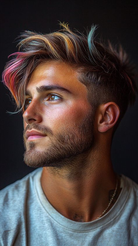 ✨ Rock Copper Peach Hair Color Ideas with Cool Toned Copper Hair Men’s Highlights Dark Blonde, Men Hair Highlights Ideas, Men Hair Color Highlights, Copper Peach Hair, Comb Over Haircut Men, Peach Hair Color, Supernatural Men, Gray Blending, Dimensional Hair Color