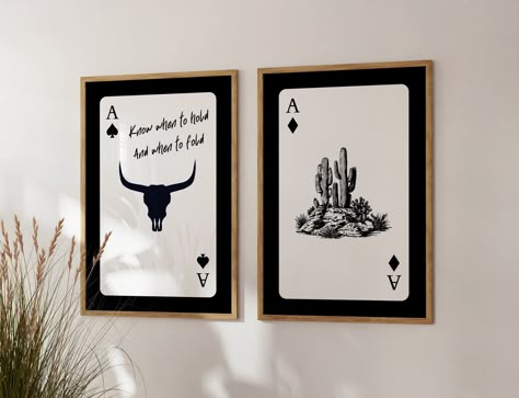 This set of 2 playing card wall art blends gothic and classic western for a truly stylish statement. Bull skull and desert cactus designs on abstract black playing cards, just the trendy addition you've been searching for! Printable wall art is an easy, affordable way to quickly showcase your unique decor style and transform your space. How it works: 🛒 Buy  ⬇️Download 🖨️Print  🖼️Hang After purchase, your download link will be sent instantly. Access your files in Etsy from a computer or laptop Trendy Gallery Wall, Playing Card Print, Cowgirl Wall Art, Gothic Poster, Western Gothic, Modern Southwestern, Longhorn Bull, Western Bedroom Decor, Cowboy Print