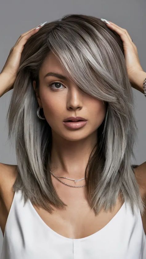 34 Stunning Hair Color Ideas for Brunettes 2025: Trendy Shades, Balayage, Highlights, and Unique Tints Silver Grey Hair Formulas, Ash Brown Hair With Silver Highlights, Ash Brunette Hair, Gray Highlights Brown Hair, Ash Brown Hair Balayage, Brown Hair With Silver Highlights, Silver Balayage, Ash Gray Hair Color, Grey Brown Hair